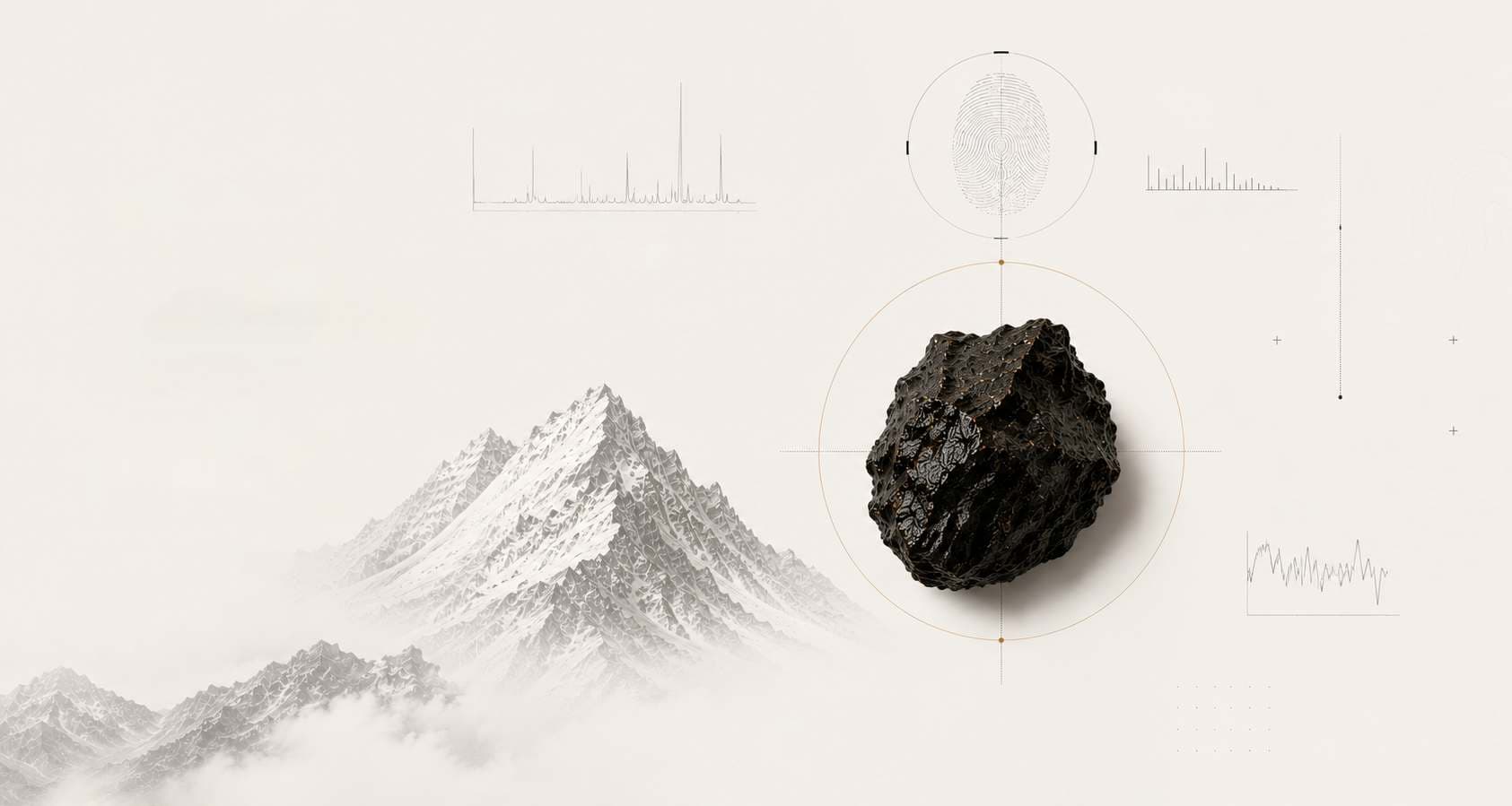 A snow-capped mountain beside a raw Shilajit resin nugget inside an analytical scan target, surrounded by HPLC and FTIR chart traces