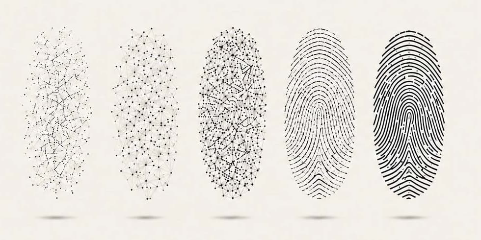Five fingerprint graphics progressing from scattered chaotic points to a fully resolved, standardized fingerprint